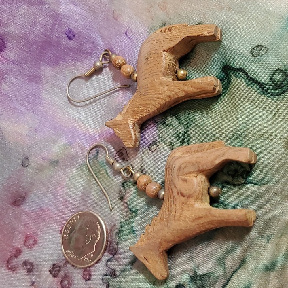 Hand carved wood horse earrings